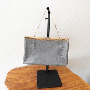 Etra 1960s Gray Vintage Genuine Leather Envelope Clutch w/ Gold Chain Retro Mod